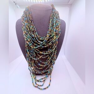 Vintage Jewel Tones Multi Strand Seed Bead Woven And Draped Necklace Boho 14”